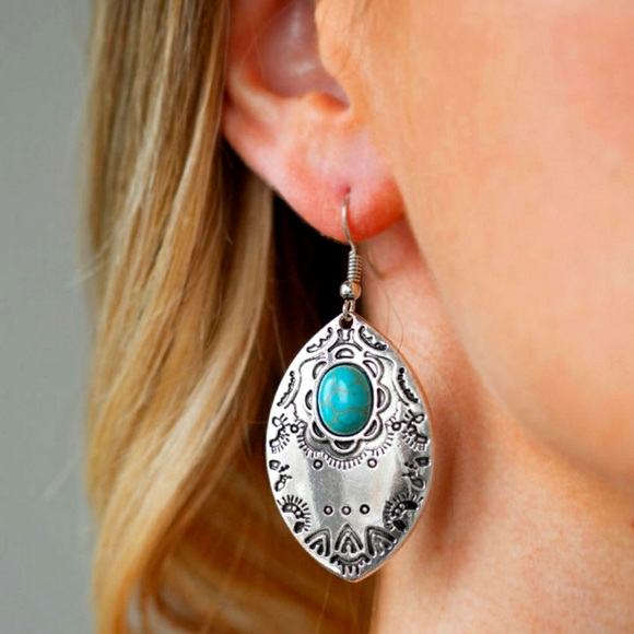 Jewelry - "MOUNTAIN MONTAGE" BLUE TURQUOISE STONE SILVER TRIBAL STAMPED EARRINGS